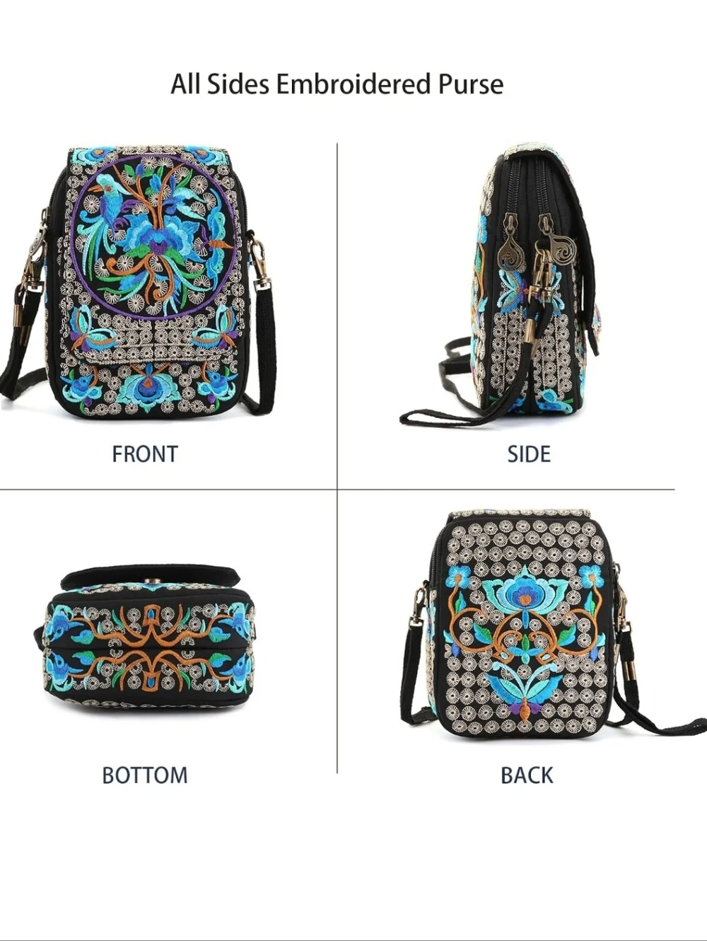 💙 Embroidered Boho Black & Blue Floral Backpack and Crossbody Purse 2pc